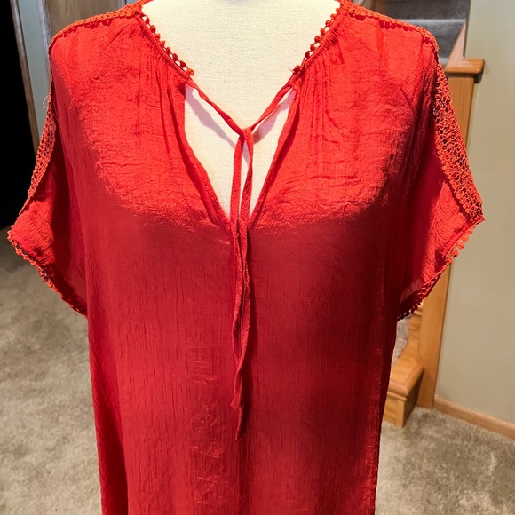 Women's Cap Sleeve Tie Front Blouse with Lace Inset - Picture 2 of 15